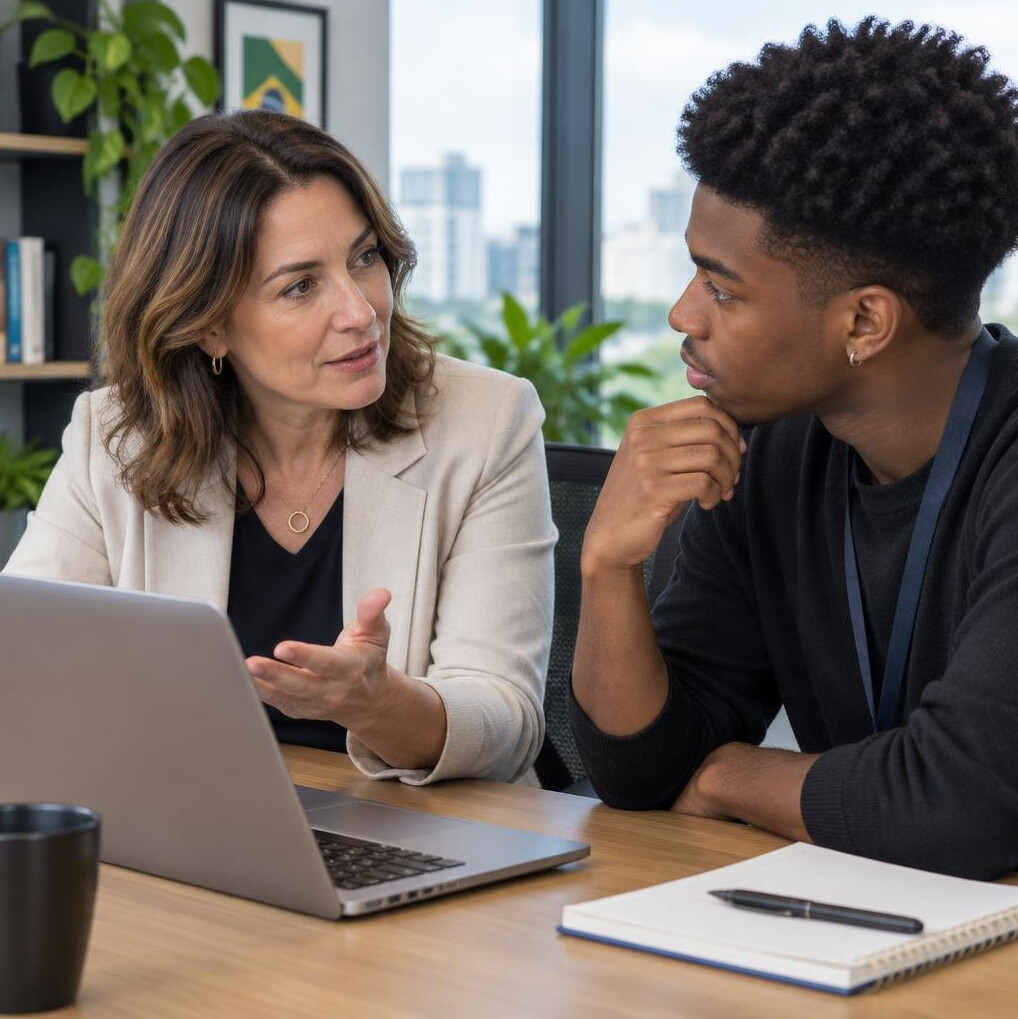 Two colleagues having a focused conversation at a table with a laptop